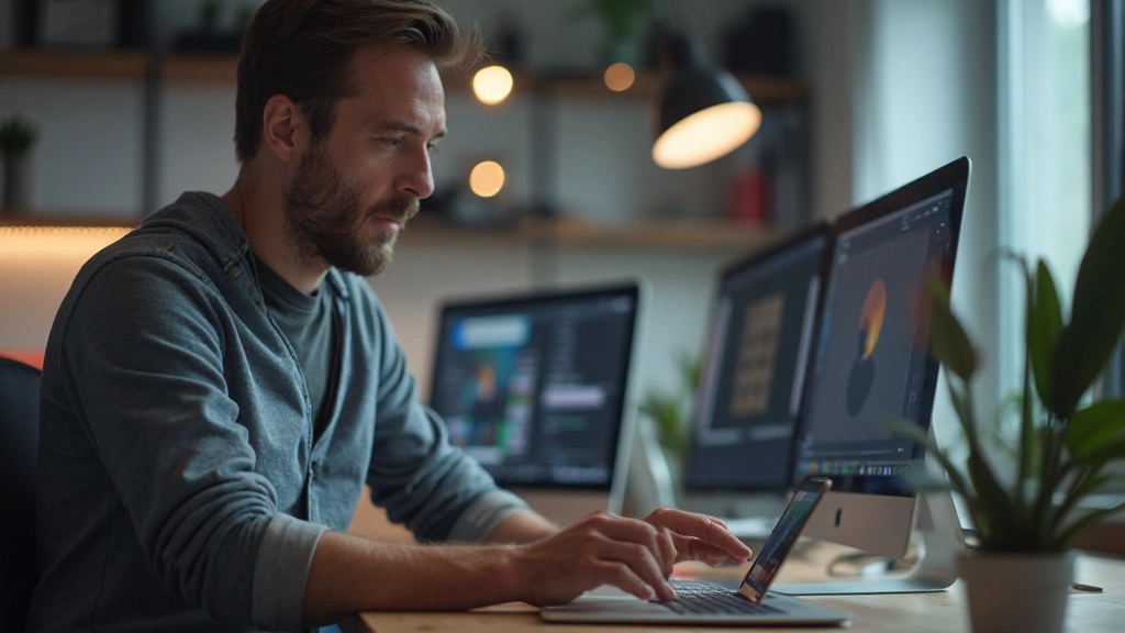 Designer aan het werk op laptop, controleert responsive design op smartphone naast het scherm, modern workspace met beide apparaten zichtbaar